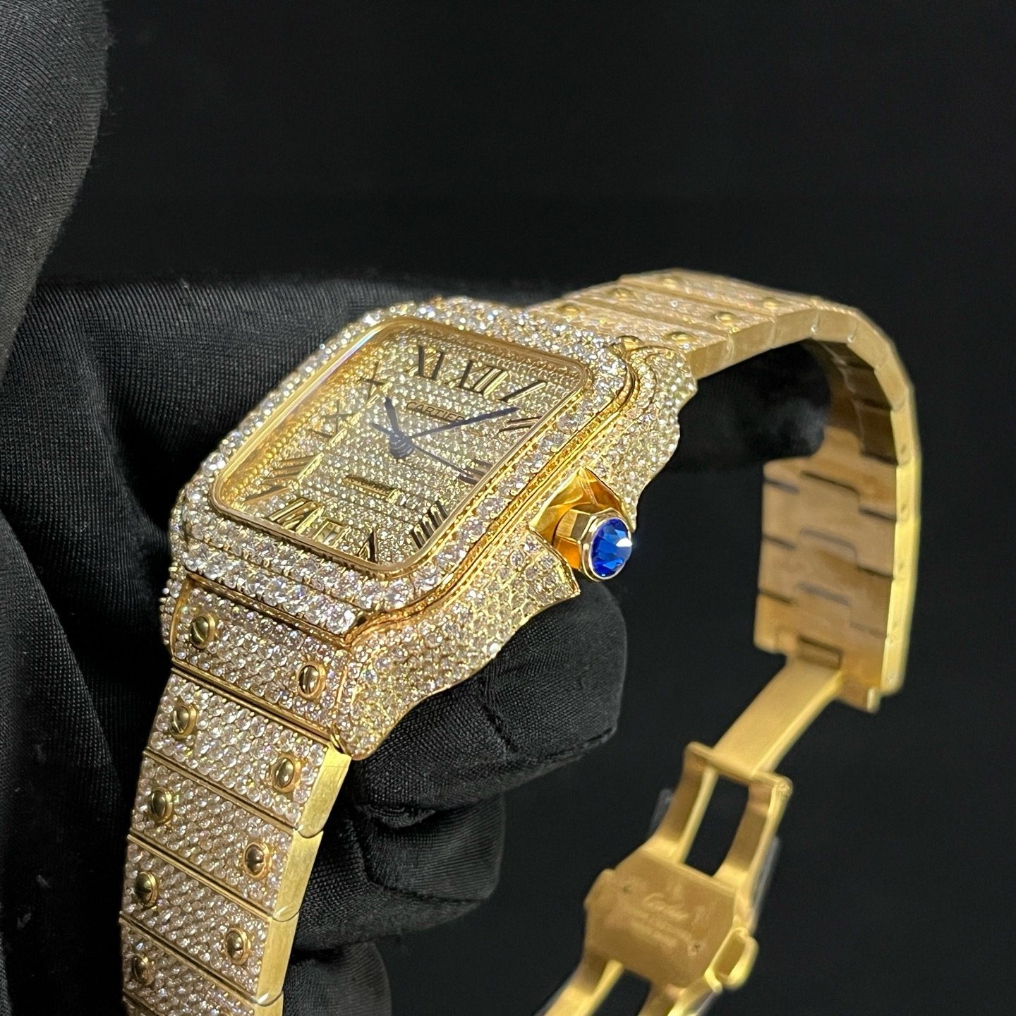 Cartier Automatic Watch, Diamond Dial Roman Numeral Date Yellow Gold Case Metal Bracelet 100m WR