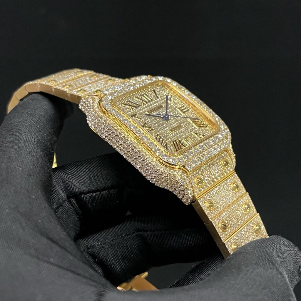 Cartier Automatic Watch, Diamond Dial Roman Numeral Date Yellow Gold Case Metal Bracelet 100m WR