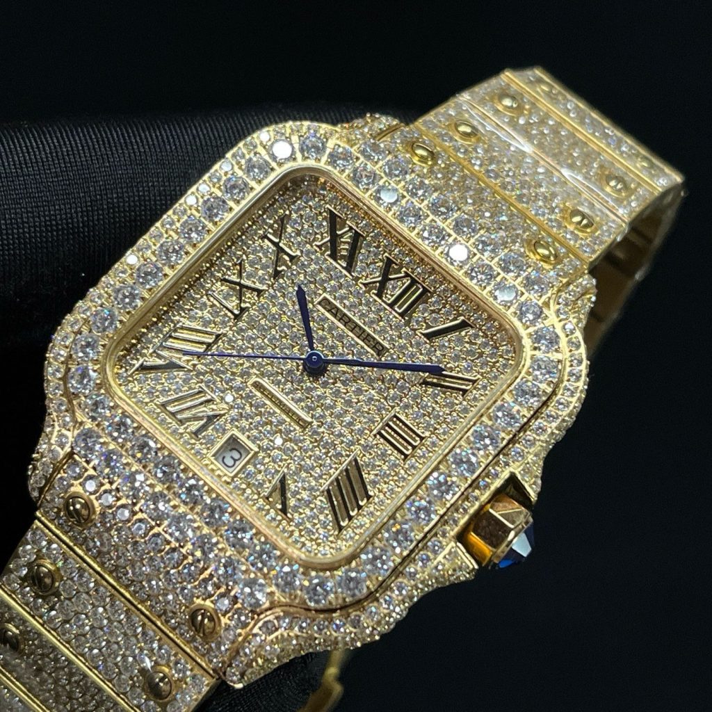 Cartier Automatic Watch, Diamond Dial Roman Numeral Date Yellow Gold Case Metal Bracelet 100m WR