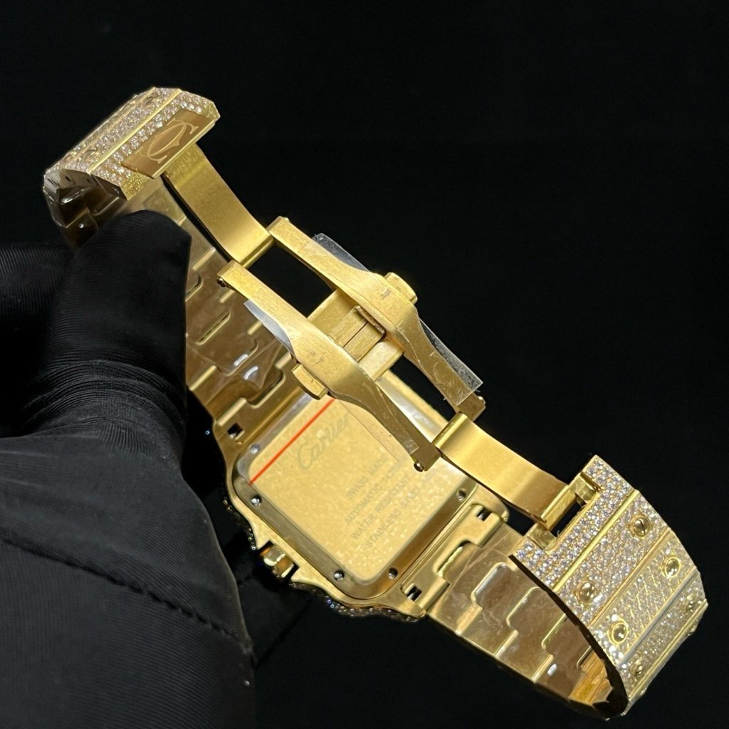 Cartier Automatic Watch, Diamond Dial Roman Numeral Date Yellow Gold Case Metal Bracelet 100m WR