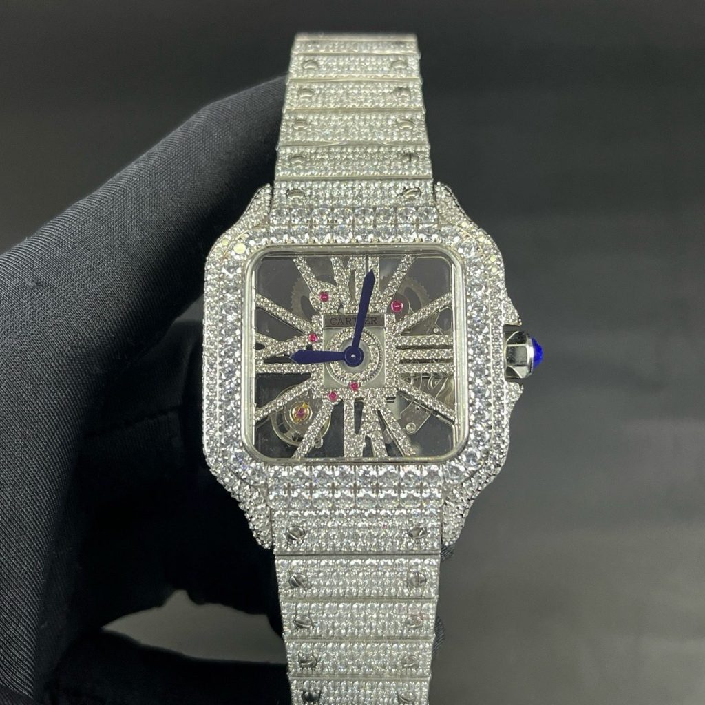 Cartier Santos Style Diamond Set Automatic Watch, Blue Dial White Gold Case Metal Bracelet 30m WR