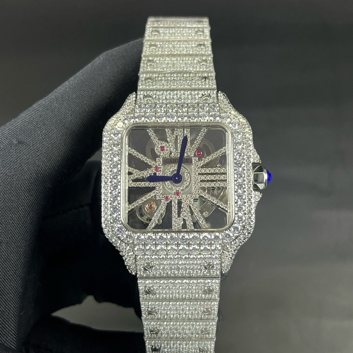 Cartier Santos Style Diamond Set Automatic Watch, Blue Dial White Gold Case Metal Bracelet 30m WR