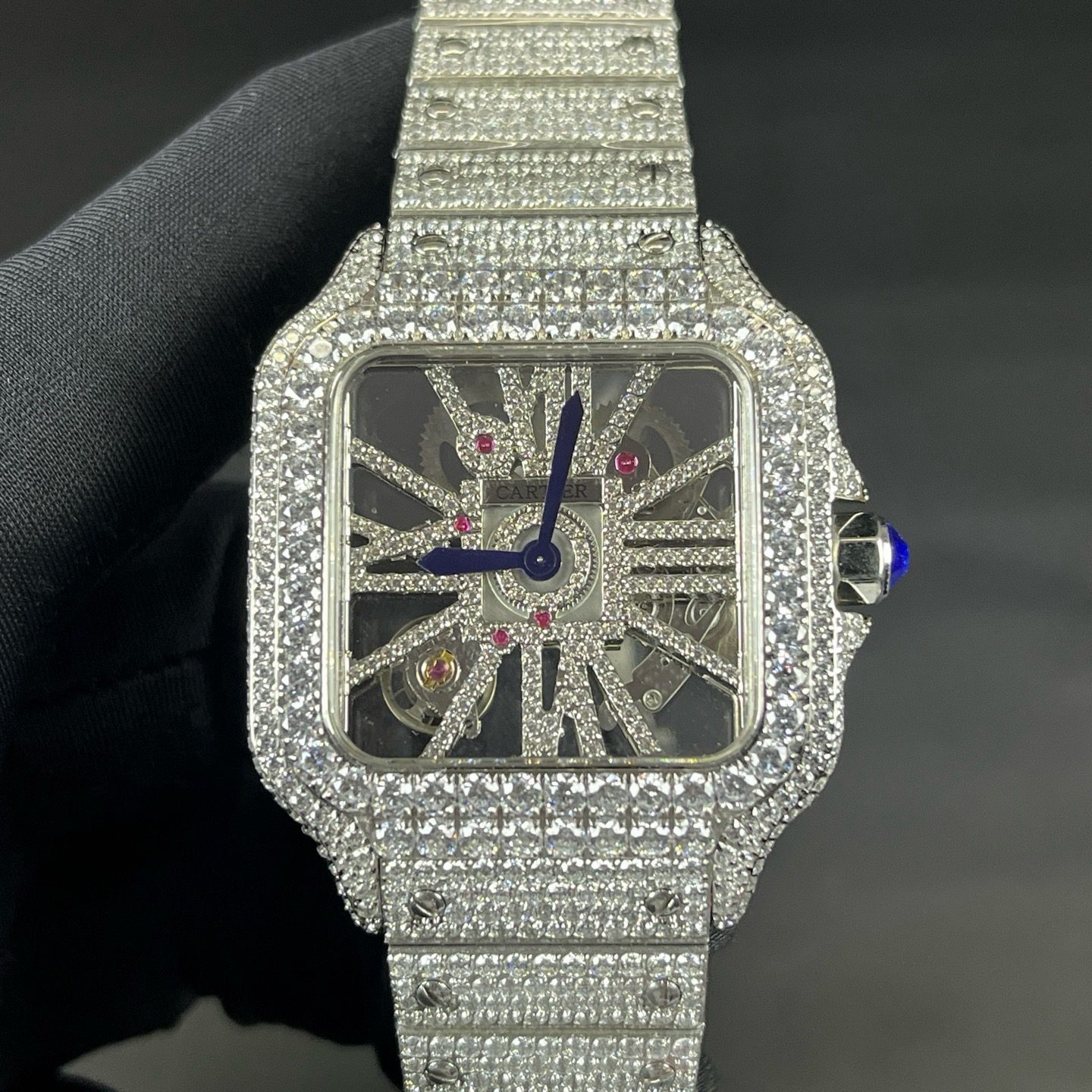 Cartier Santos Style Diamond Set Automatic Watch, Blue Dial White Gold Case Metal Bracelet 30m WR