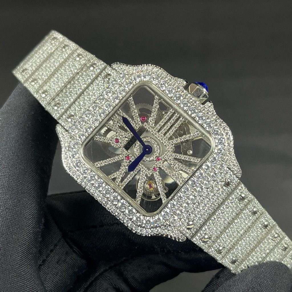 Cartier Santos Style Diamond Set Automatic Watch, Blue Dial White Gold Case Metal Bracelet 30m WR