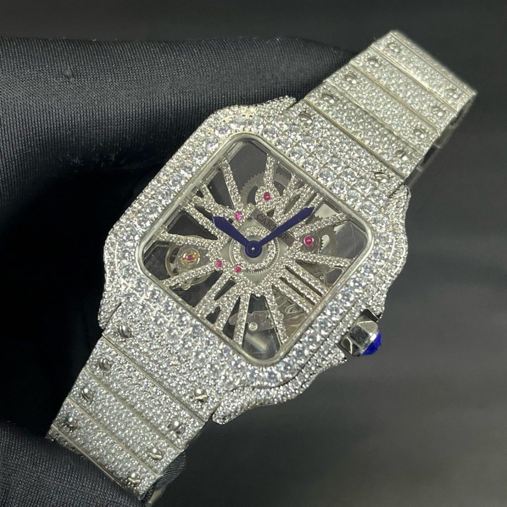 Cartier Santos Style Diamond Set Automatic Watch, Blue Dial White Gold Case Metal Bracelet 30m WR