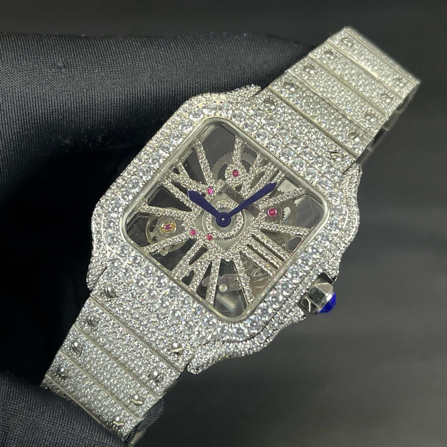 Cartier Santos Style Diamond Set Automatic Watch, Blue Dial White Gold Case Metal Bracelet 30m WR