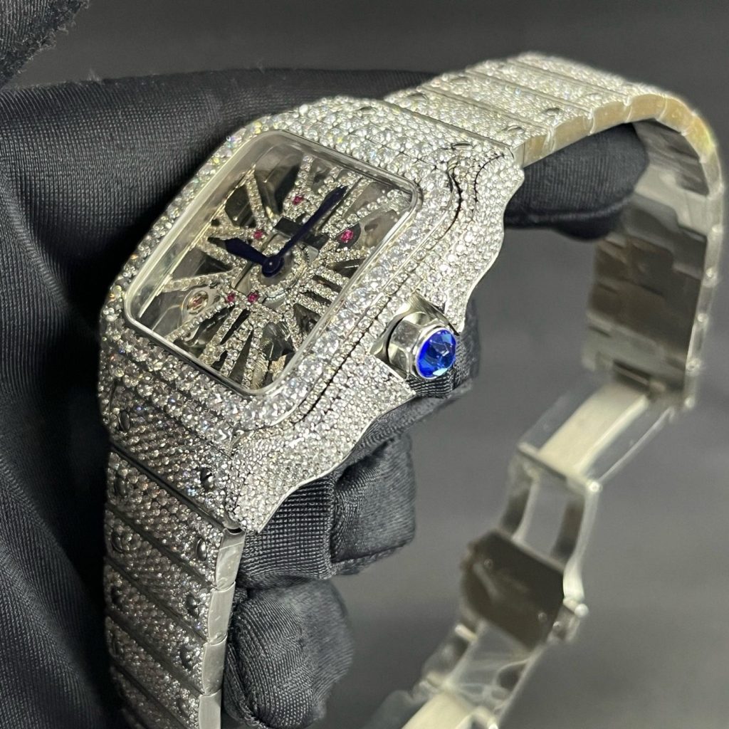 Cartier Santos Style Diamond Set Automatic Watch, Blue Dial White Gold Case Metal Bracelet 30m WR