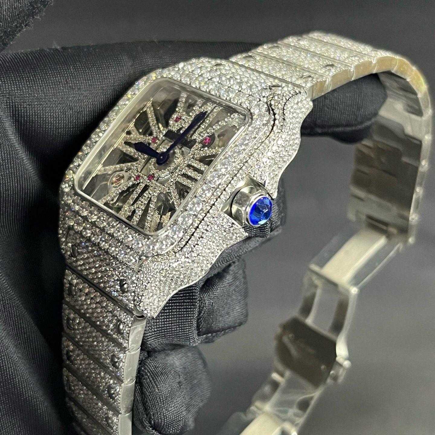 Cartier Santos Style Diamond Set Automatic Watch, Blue Dial White Gold Case Metal Bracelet 30m WR