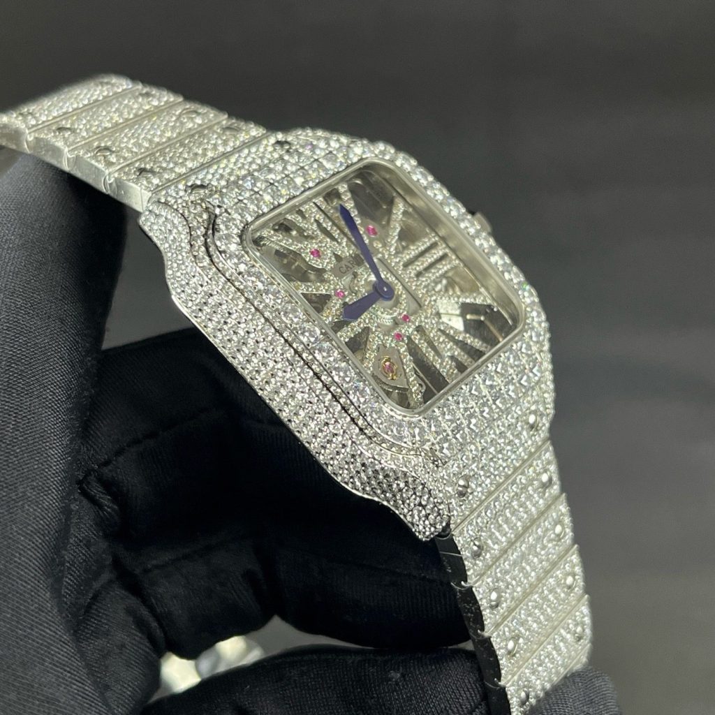 Cartier Santos Style Diamond Set Automatic Watch, Blue Dial White Gold Case Metal Bracelet 30m WR