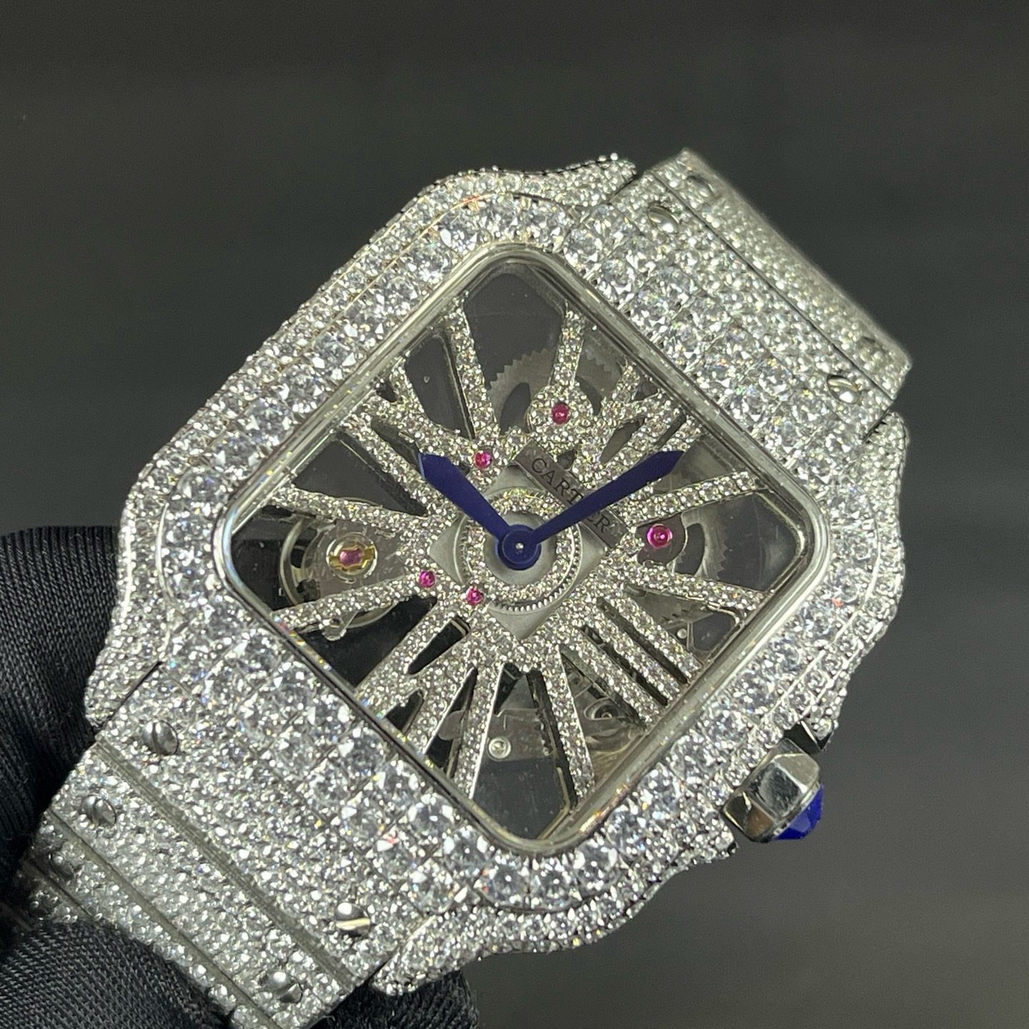 Cartier Santos Style Diamond Set Automatic Watch, Blue Dial White Gold Case Metal Bracelet 30m WR