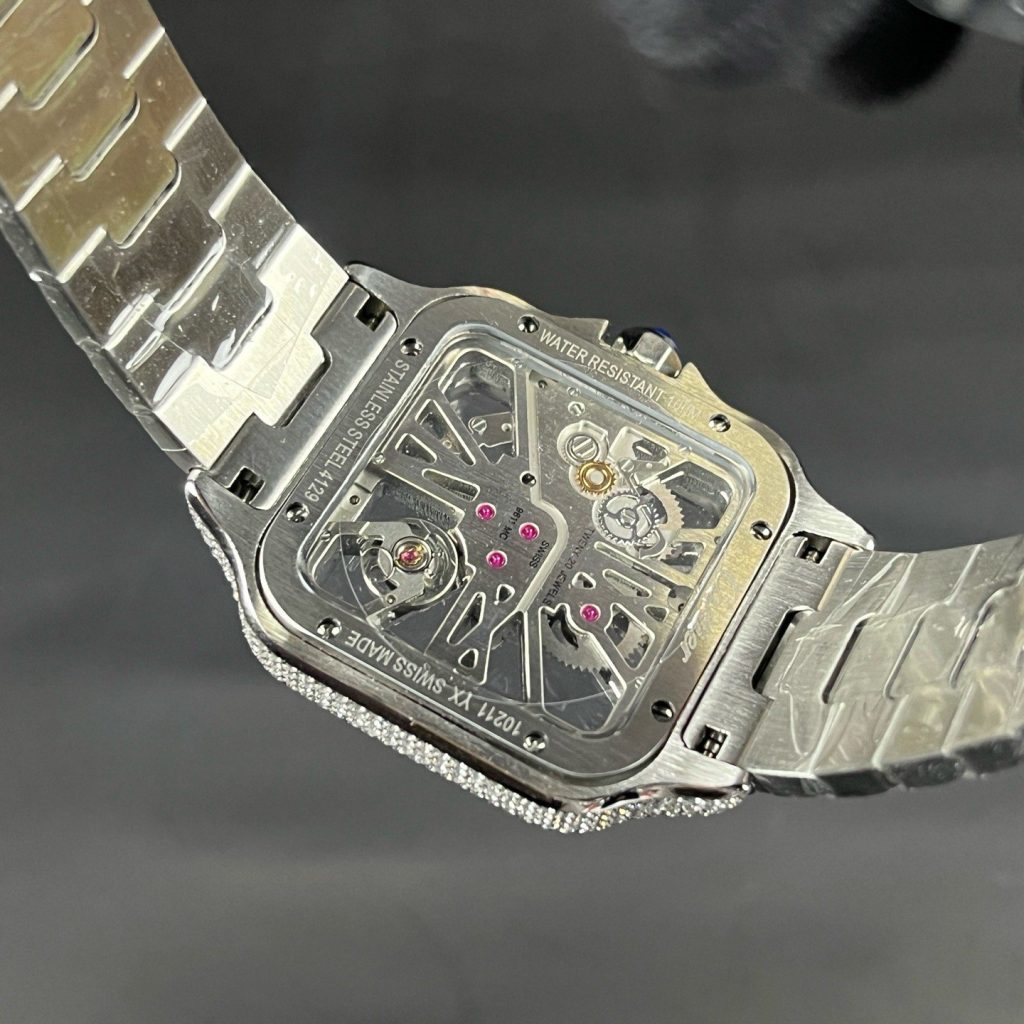 Cartier Santos Style Diamond Set Automatic Watch, Blue Dial White Gold Case Metal Bracelet 30m WR