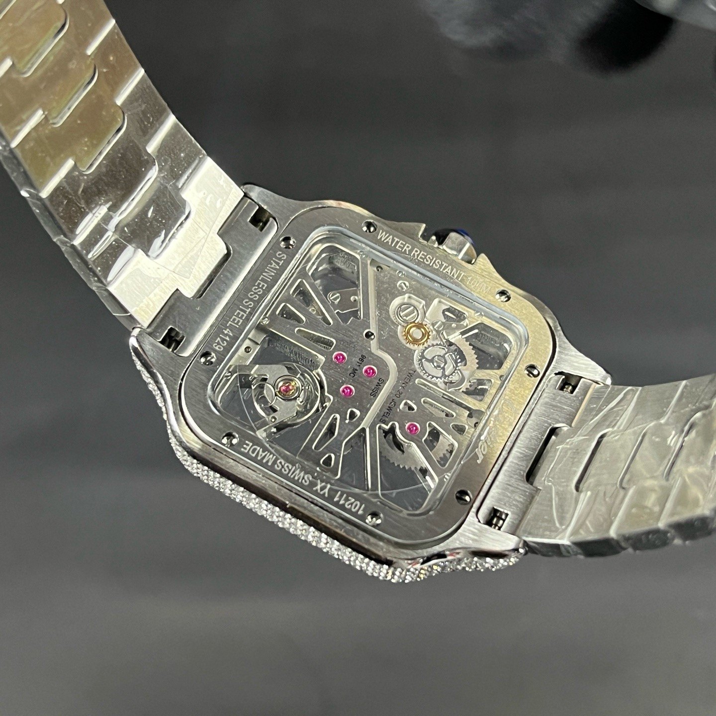 Cartier Santos Style Diamond Set Automatic Watch, Blue Dial White Gold Case Metal Bracelet 30m WR