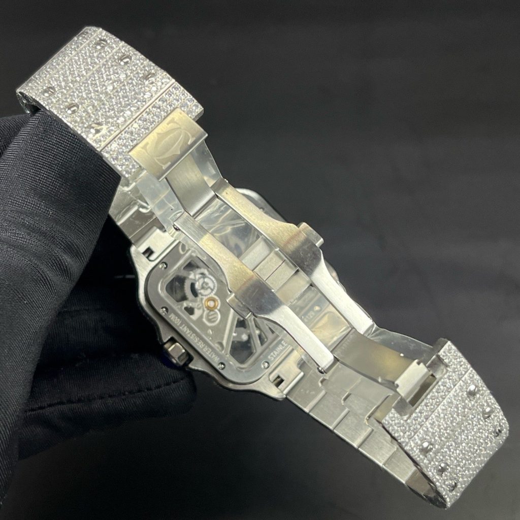 Cartier Santos Style Diamond Set Automatic Watch, Blue Dial White Gold Case Metal Bracelet 30m WR