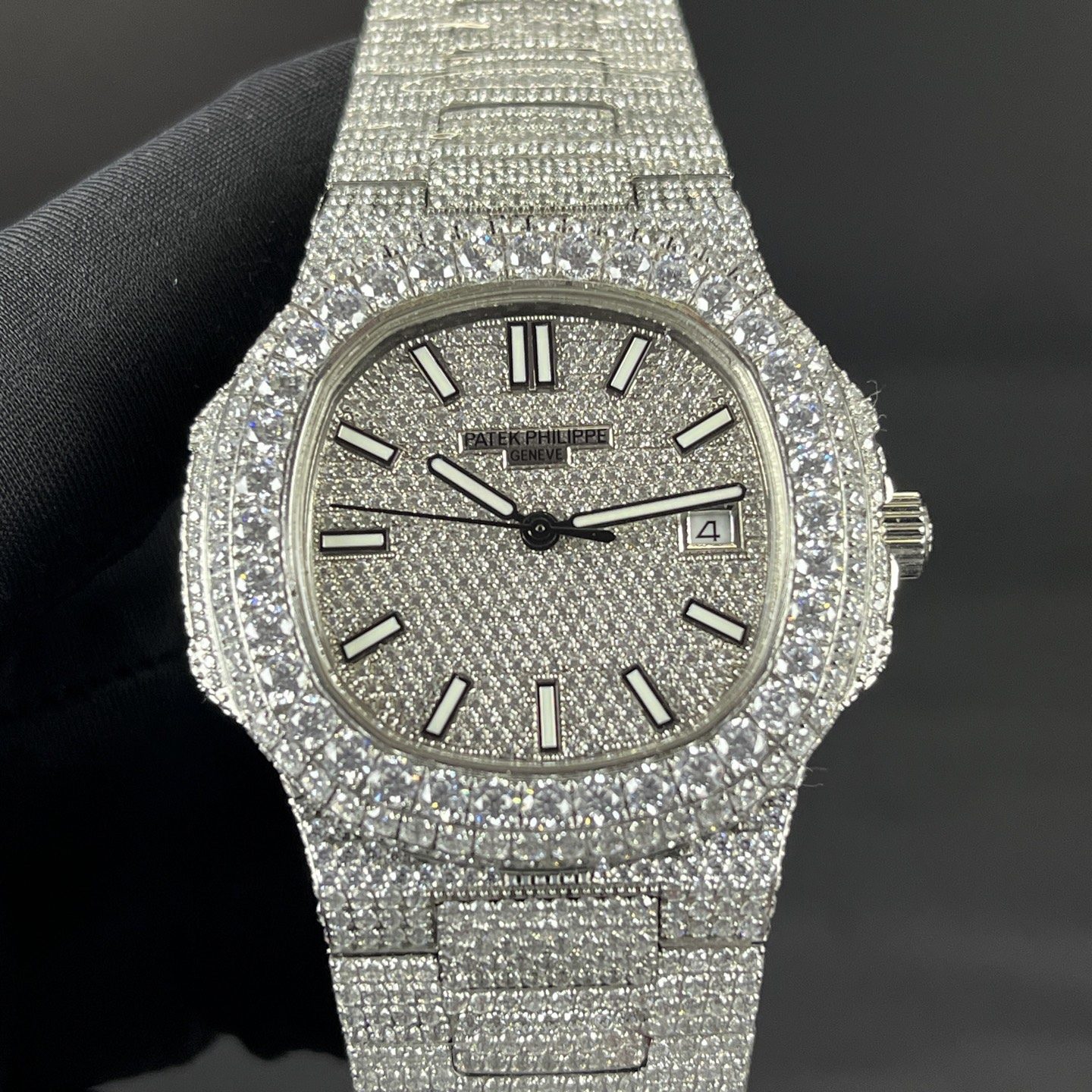 Patek Philippe Automatic Watch, White Dial Diamond Index Stainless Steel Case Metal Bracelet 50m