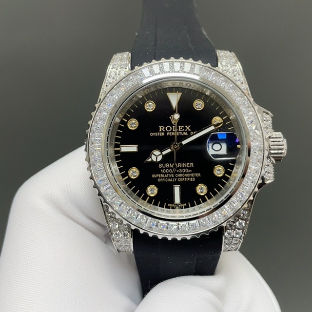 Rolex Submariner Style Automatic Watch, Black Dial Diamond Index Stainless Steel Case Rubber Strap