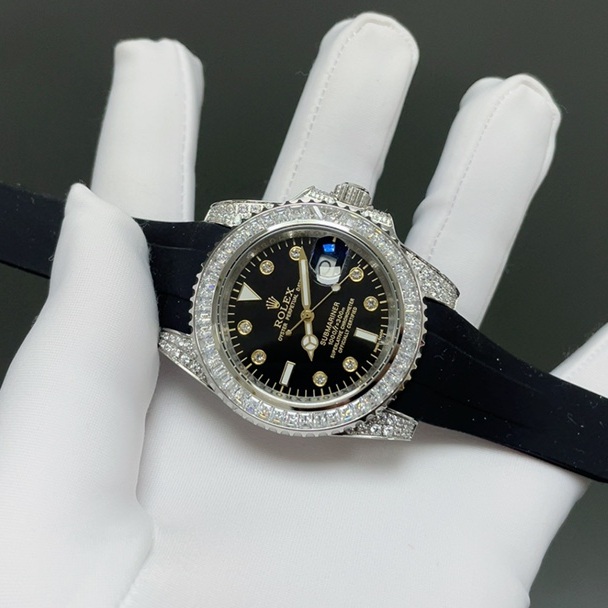 Rolex Submariner Style Automatic Watch, Black Dial Diamond Index Stainless Steel Case Rubber Strap