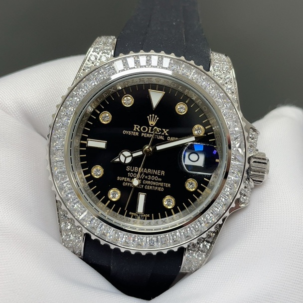 Rolex Submariner Style Automatic Watch, Black Dial Diamond Index Stainless Steel Case Rubber Strap