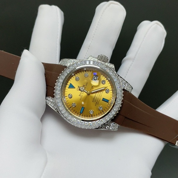 Rolex Submariner Style Automatic Watch, Black Dial Diamond Index Stainless Steel Case Rubber Strap