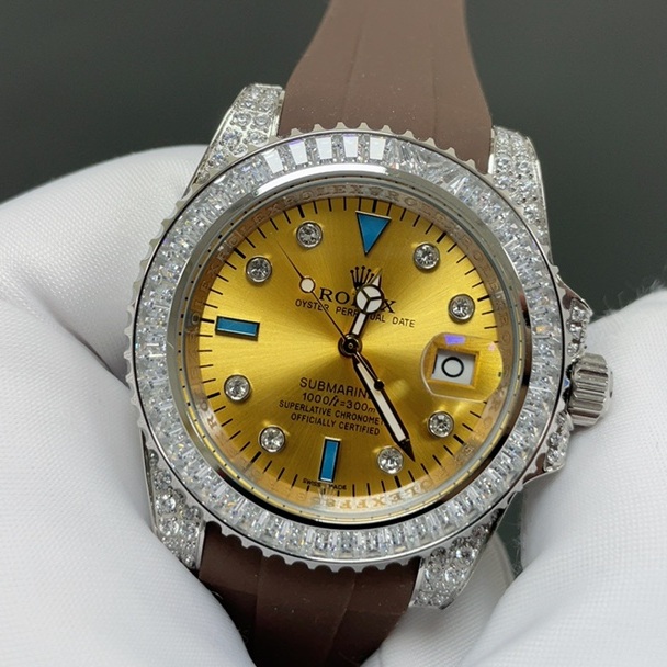 Rolex Submariner Style Automatic Watch, Black Dial Diamond Index Stainless Steel Case Rubber Strap