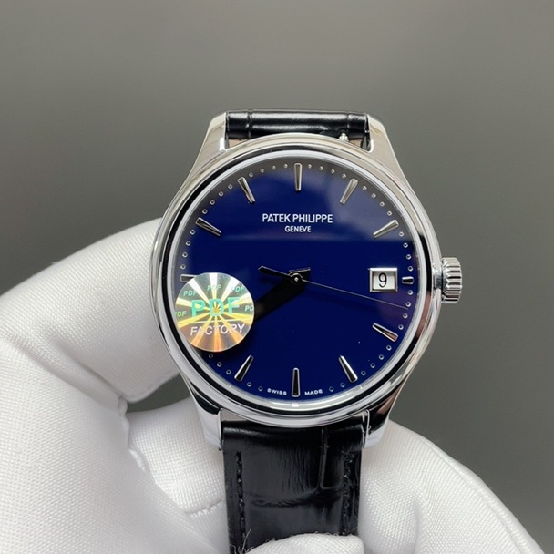 Patek Philippe Calatrava Style Automatic Watch, Blue Dial Date Stainless Steel Case Leather Strap