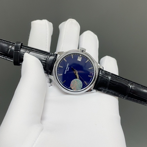 Patek Philippe Calatrava Style Automatic Watch, Blue Dial Date Stainless Steel Case Leather Strap