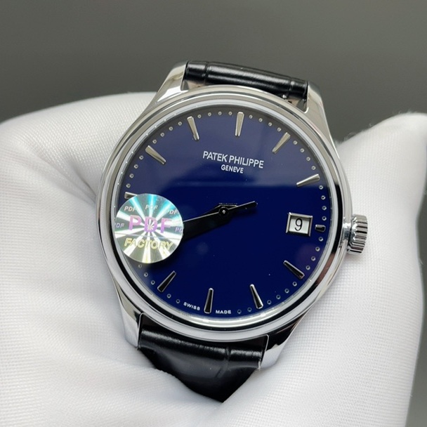 Patek Philippe Calatrava Style Automatic Watch, Blue Dial Date Stainless Steel Case Leather Strap
