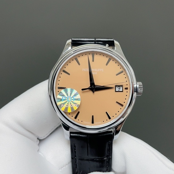 Patek Philippe Calatrava Style Automatic Watch, Blue Dial Date Stainless Steel Case Leather Strap