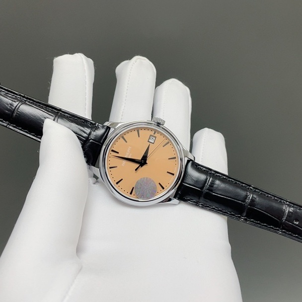 Patek Philippe Calatrava Style Automatic Watch, Blue Dial Date Stainless Steel Case Leather Strap