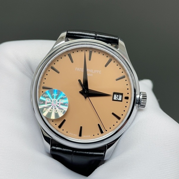 Patek Philippe Calatrava Style Automatic Watch, Blue Dial Date Stainless Steel Case Leather Strap