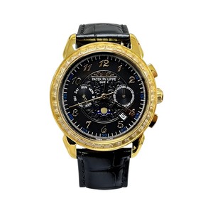 Patek Philippe Grand Style Automatic Watch, Black Dial Diamond Index Yellow Gold Case Leather Strap