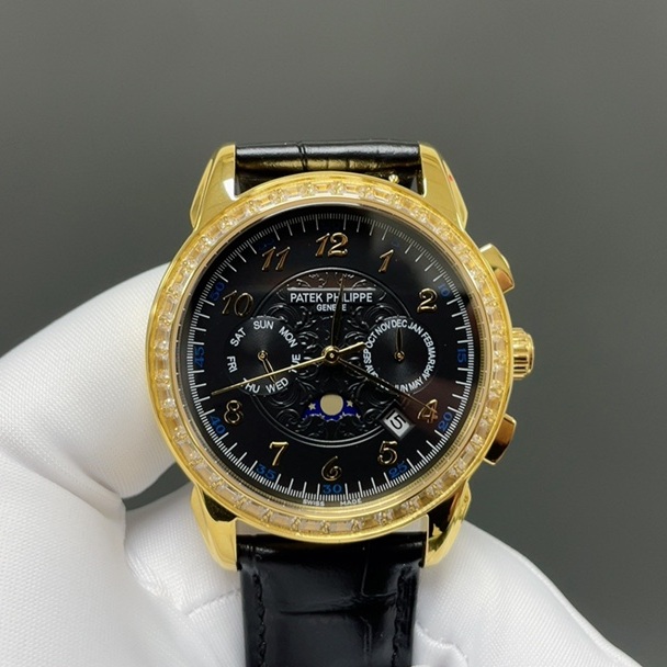 Patek Philippe Grand Style Automatic Watch, Black Dial Diamond Index Yellow Gold Case Leather Strap