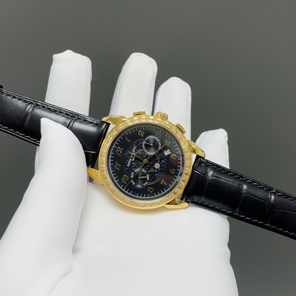 Patek Philippe Grand Style Automatic Watch, Black Dial Diamond Index Yellow Gold Case Leather Strap