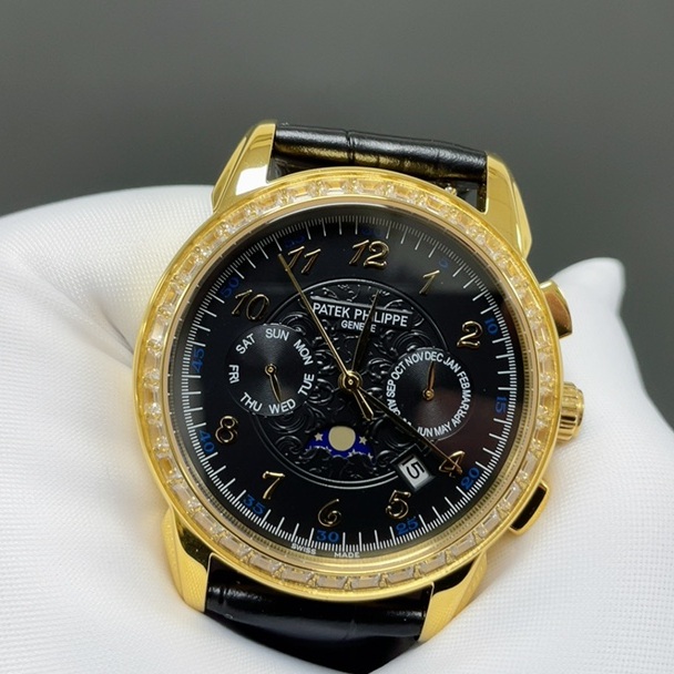 Patek Philippe Grand Style Automatic Watch, Black Dial Diamond Index Yellow Gold Case Leather Strap