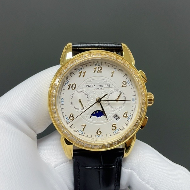Patek Philippe Grand Style Automatic Watch, Black Dial Diamond Index Yellow Gold Case Leather Strap