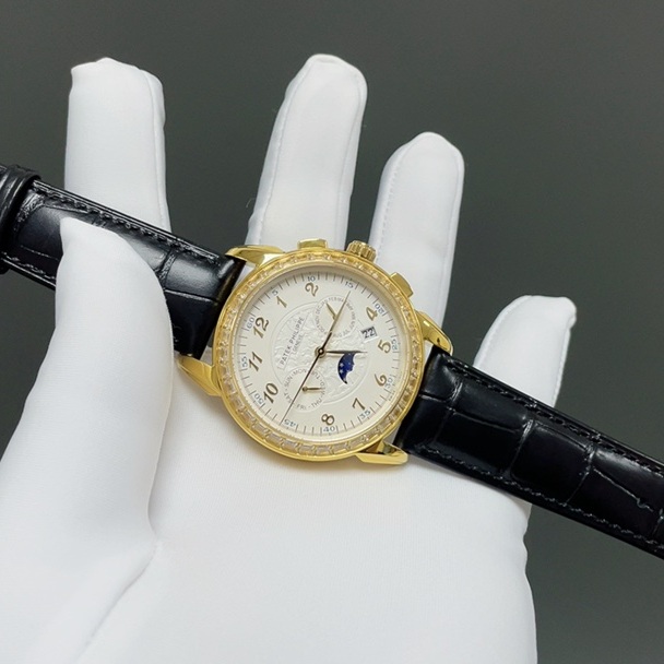 Patek Philippe Grand Style Automatic Watch, Black Dial Diamond Index Yellow Gold Case Leather Strap
