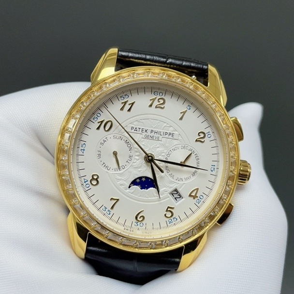 Patek Philippe Grand Style Automatic Watch, Black Dial Diamond Index Yellow Gold Case Leather Strap