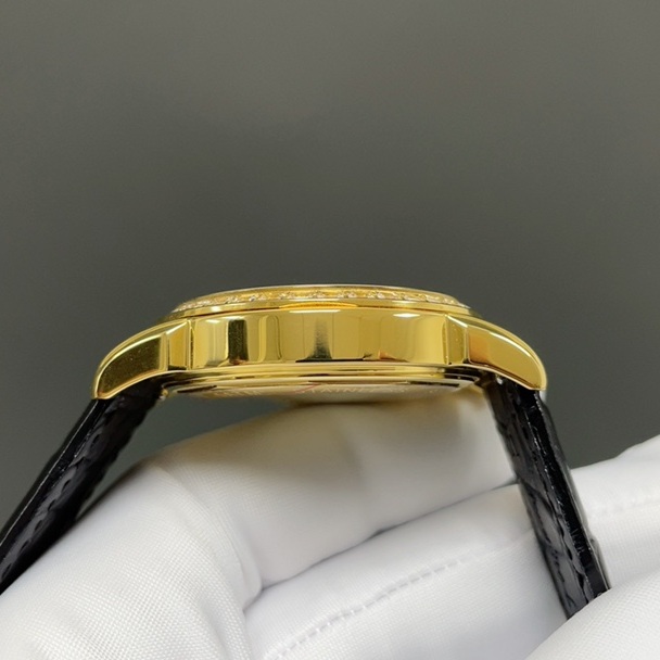 Patek Philippe Grand Style Automatic Watch, Black Dial Diamond Index Yellow Gold Case Leather Strap