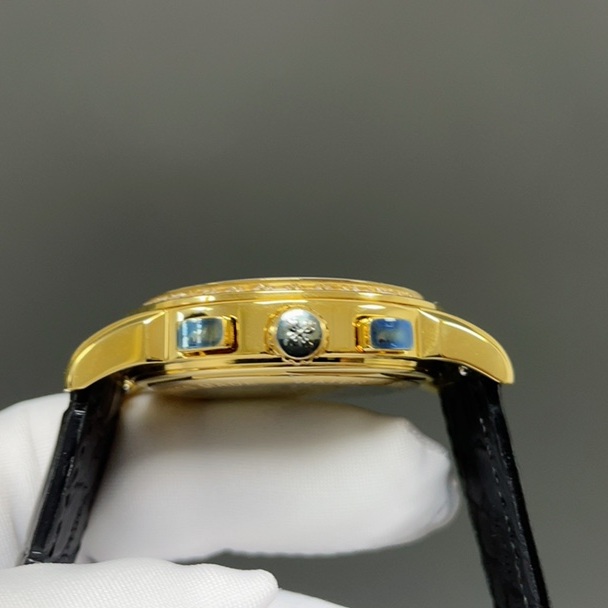 Patek Philippe Grand Style Automatic Watch, Black Dial Diamond Index Yellow Gold Case Leather Strap