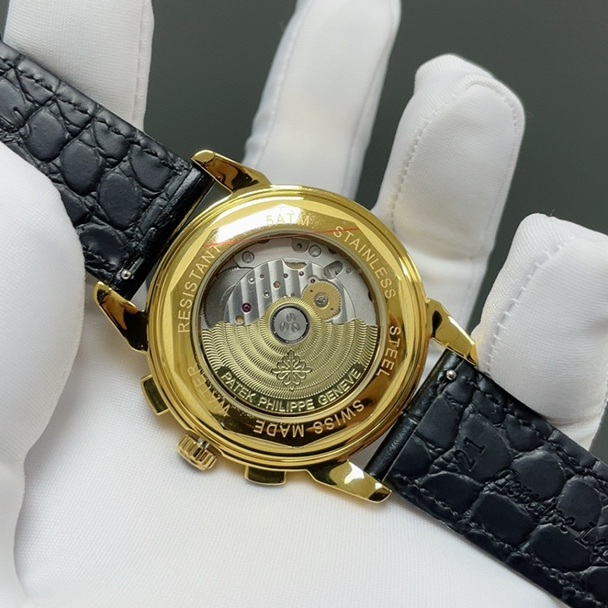 Patek Philippe Grand Style Automatic Watch, Black Dial Diamond Index Yellow Gold Case Leather Strap