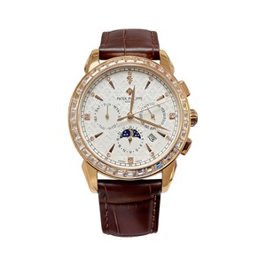 Patek Philippe Automatic Watch, White Dial Diamond Index Moon Phase Rose Gold Case Leather Strap