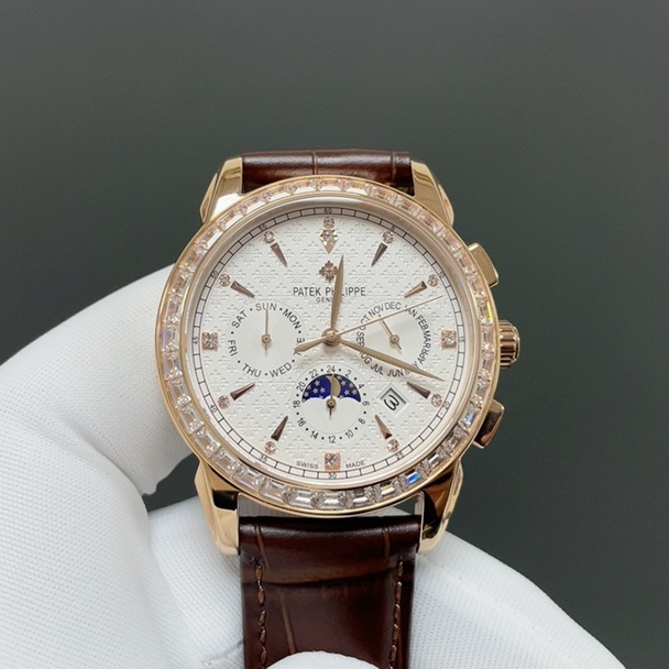 Patek Philippe Automatic Watch, White Dial Diamond Index Moon Phase Rose Gold Case Leather Strap