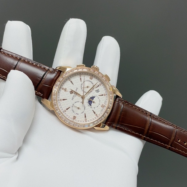 Patek Philippe Automatic Watch, White Dial Diamond Index Moon Phase Rose Gold Case Leather Strap