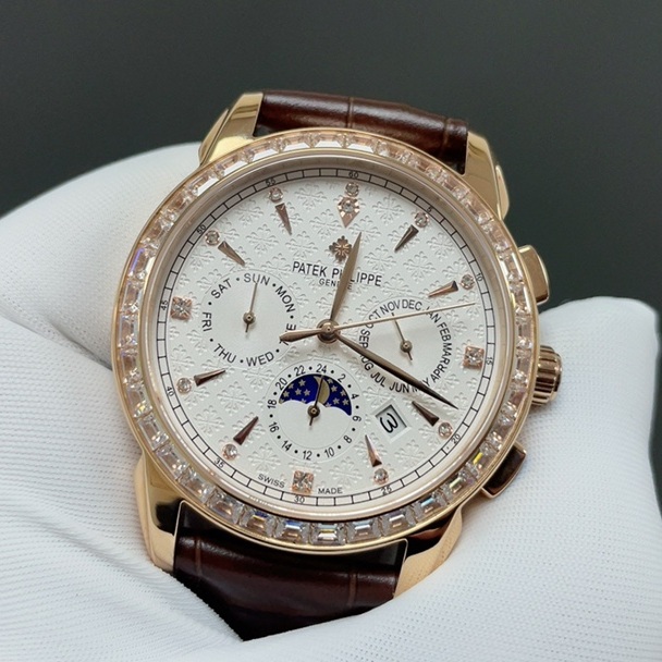 Patek Philippe Automatic Watch, White Dial Diamond Index Moon Phase Rose Gold Case Leather Strap