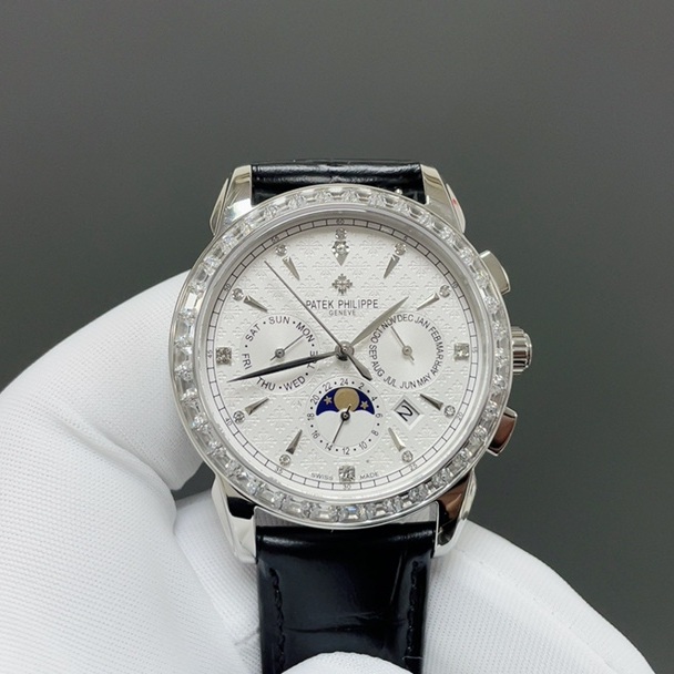Patek Philippe Automatic Watch, White Dial Diamond Index Moon Phase Rose Gold Case Leather Strap