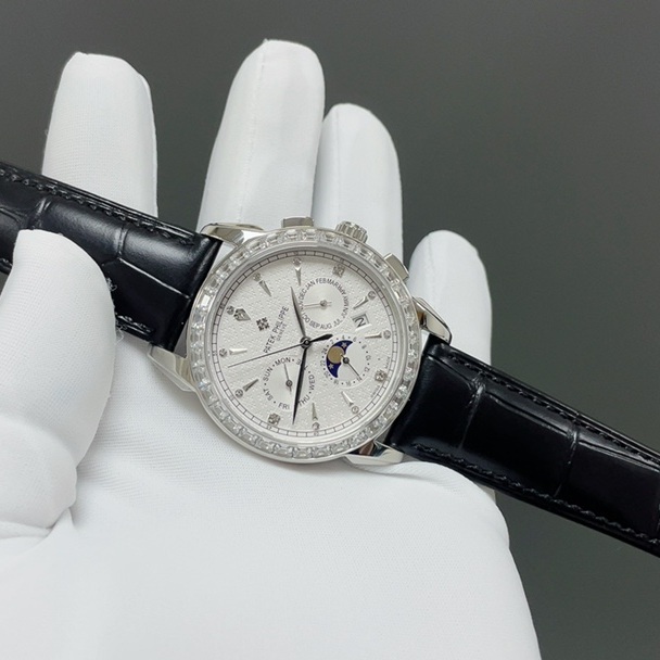 Patek Philippe Automatic Watch, White Dial Diamond Index Moon Phase Rose Gold Case Leather Strap