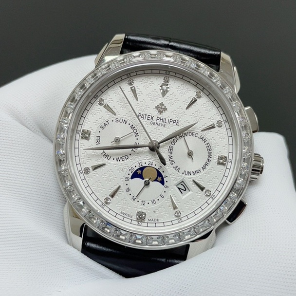 Patek Philippe Automatic Watch, White Dial Diamond Index Moon Phase Rose Gold Case Leather Strap
