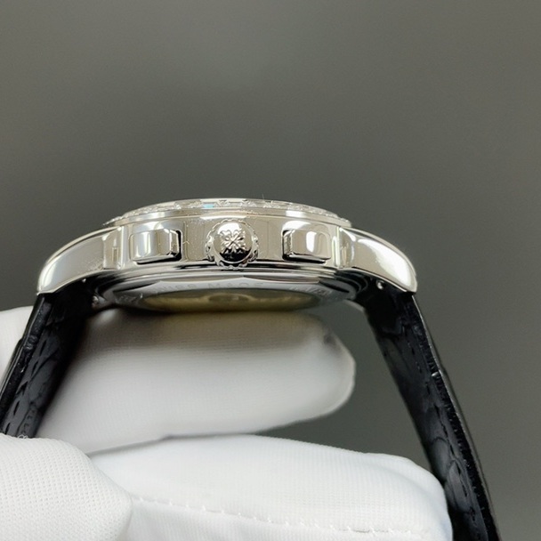 Patek Philippe Automatic Watch, White Dial Diamond Index Moon Phase Rose Gold Case Leather Strap