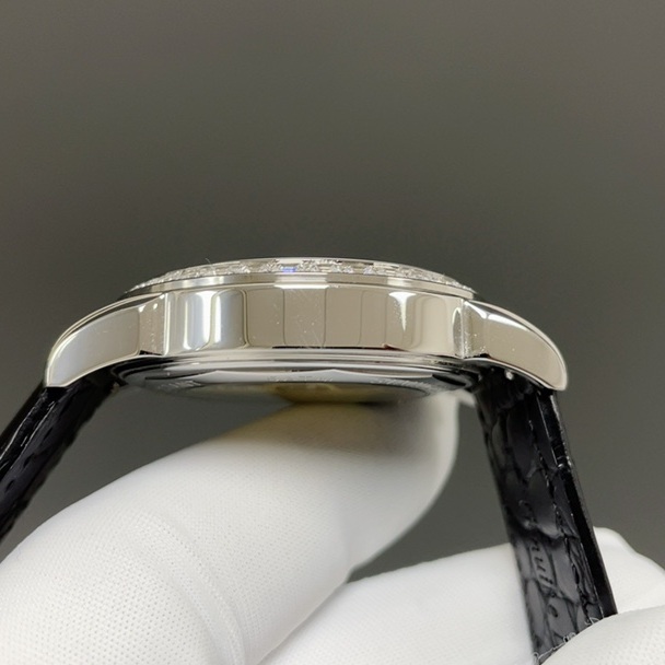 Patek Philippe Automatic Watch, White Dial Diamond Index Moon Phase Rose Gold Case Leather Strap