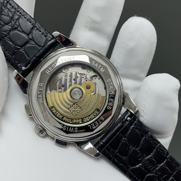 Patek Philippe Automatic Watch, White Dial Diamond Index Moon Phase Rose Gold Case Leather Strap