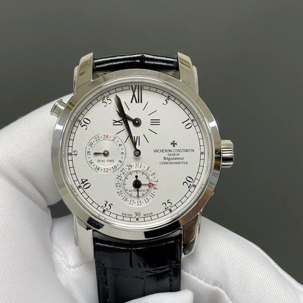 Vacheron Constantin Automatic Watch, White Dial Roman Numeral Stainless Steel Case Leather Strap